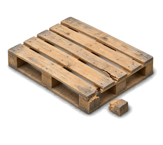 KI-Illustration: defekte Holzpalette mit abgebrochenem Klotz