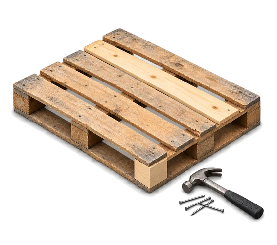KI-Illustration: Palette mit neuem Brett, daneben Hammer und Nägel